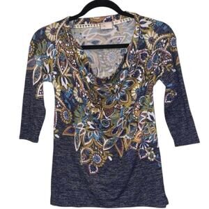 Postage Stamp Floral Cowl Neck Top XS Blue Paisley 3/4 Sleeve Blouse